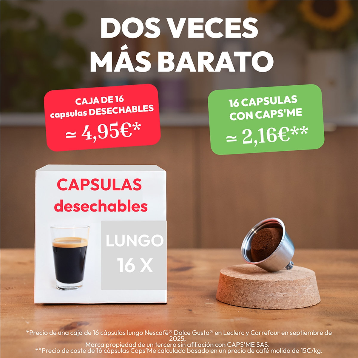 Oferta cápsulas café: 16 cápsulas por 4,95€, 16 cápsulas con CAPS'ME por 2,16€.