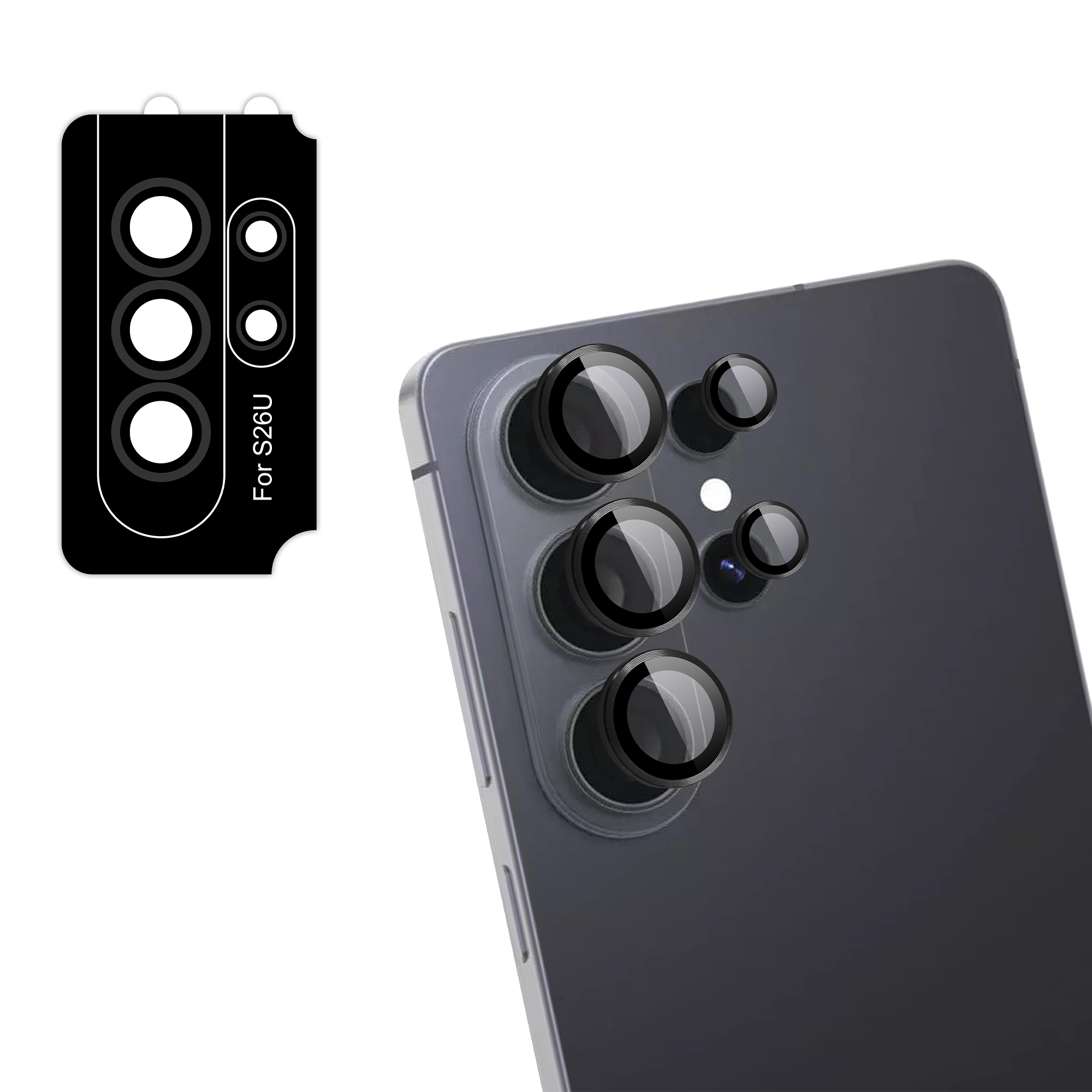 Zwarte cameraprotector voor donkere smartphone met meerdere lenzen.