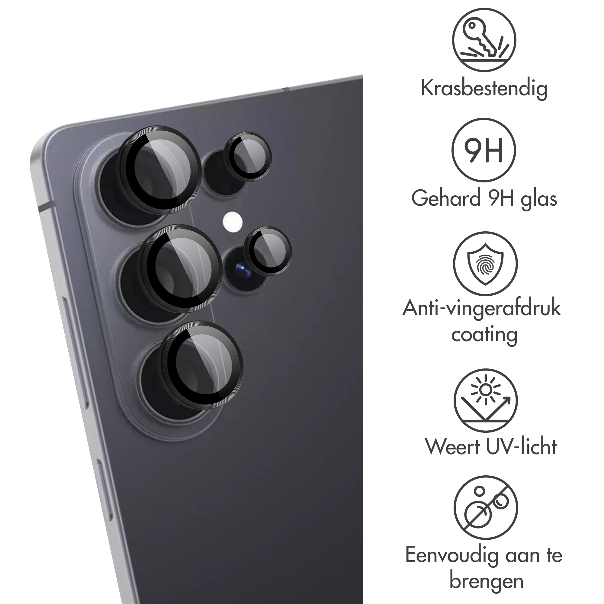 Close-up van smartphone achterkant met meerdere cameralenzen en iconen.