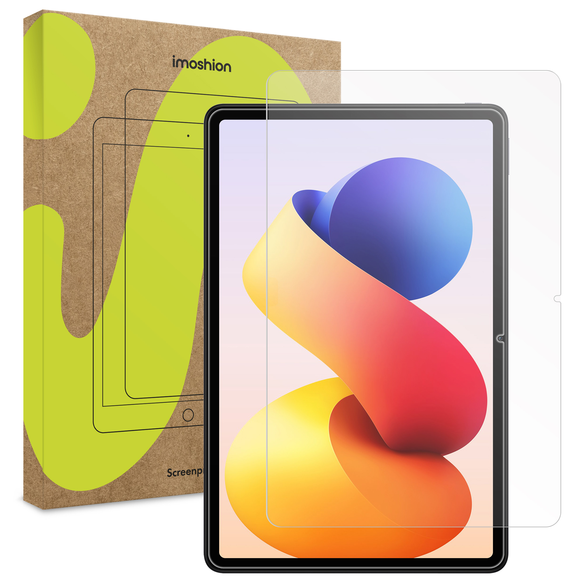 Een screenprotector ligt over een tablet met kleurrijke achtergrond.