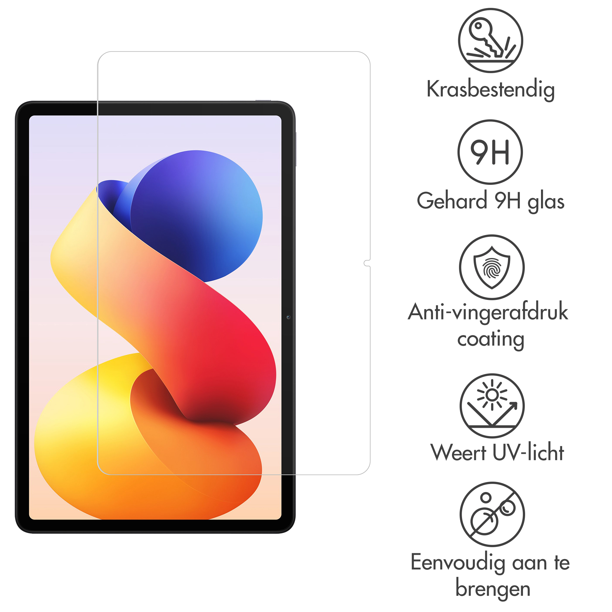 Tabletschermprotector met icons: krasbestendig, 9H glas, anti-vingerafdruk, UV-werend.