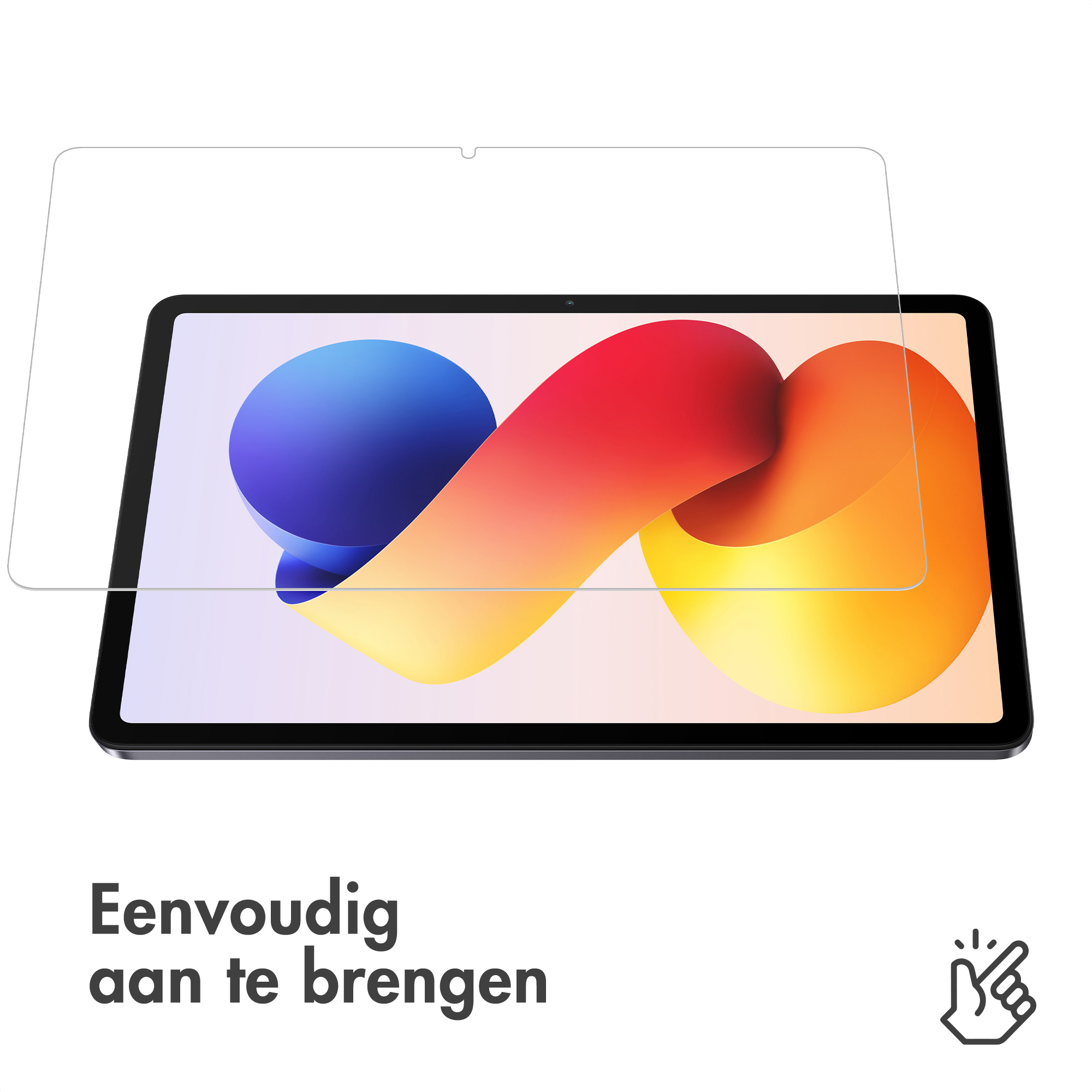 Screenprotector op een tablet met kleurrijke achtergrond en tekst.