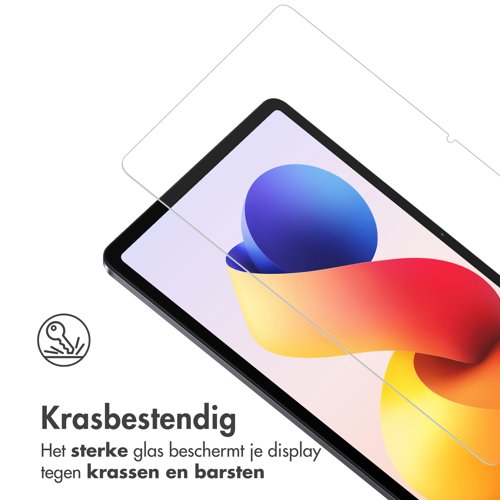 Screenprotector op tablet met abstracte achtergrond en iconen.