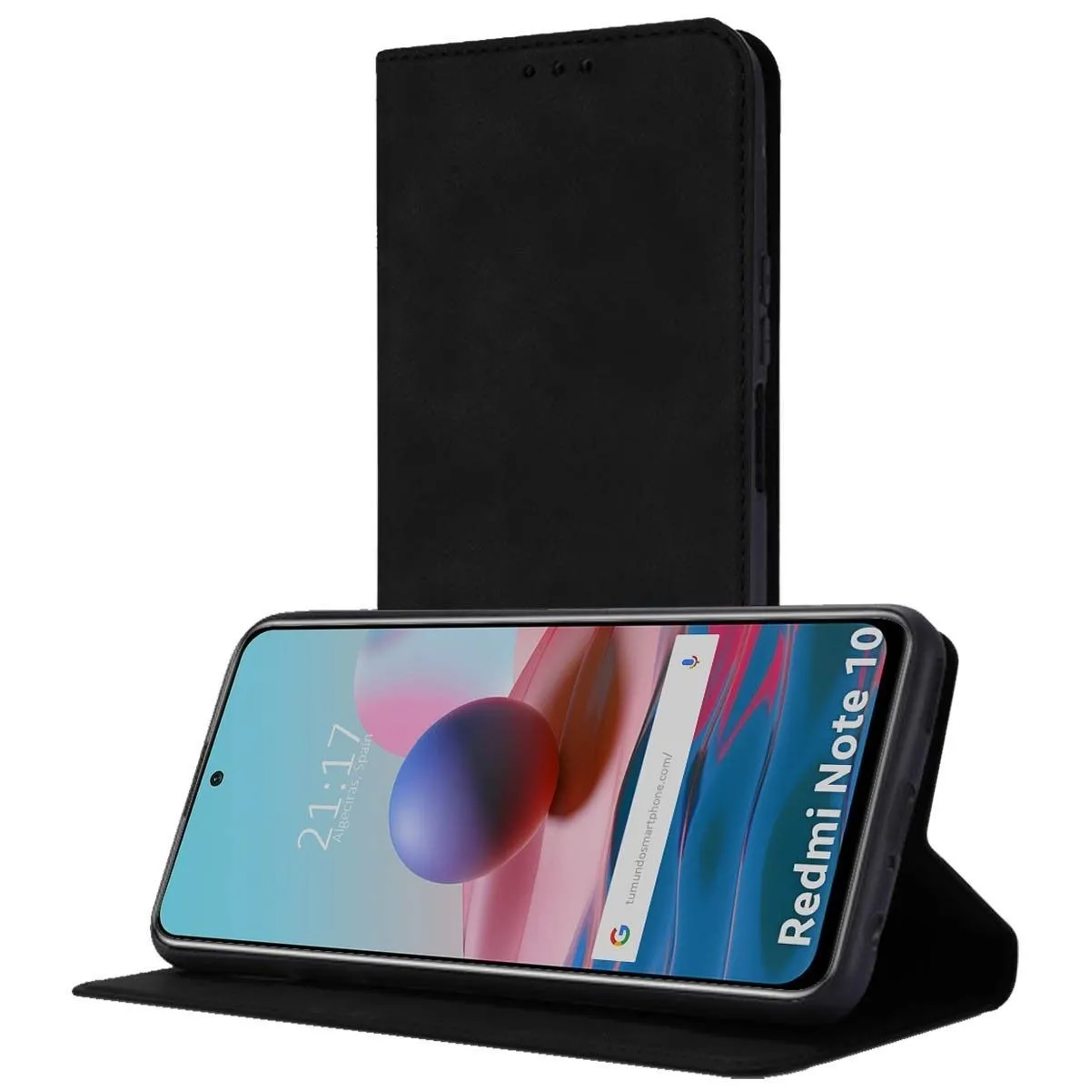 Custodia a libro nera con telefono Redmi Note 10 all'interno. Ora 21:17.