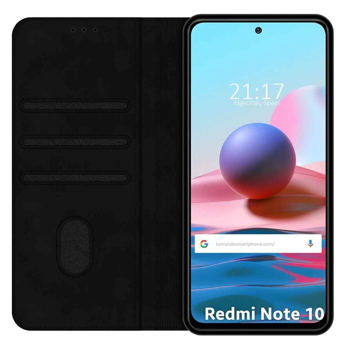 Un telefono nero con cover aperta. Lo schermo mostra l'ora e una sfera.