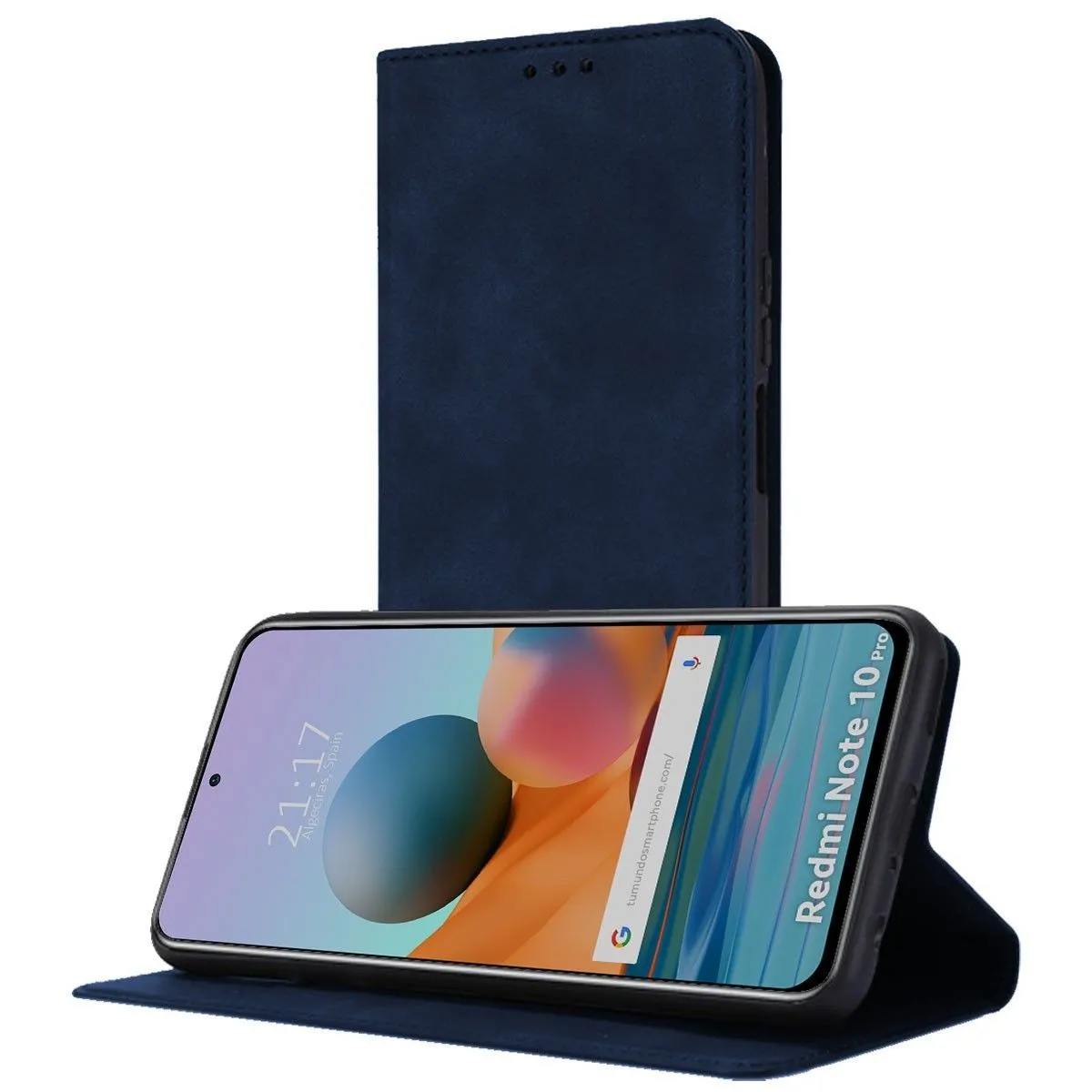 Custodia blu scuro con smartphone aperto appoggiato sopra.