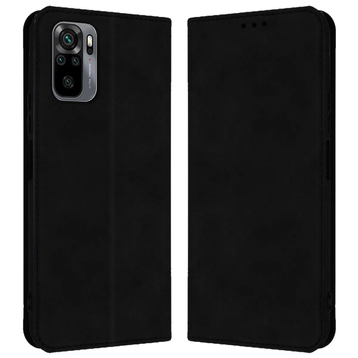 Custodia a libro nera per telefono, vista anteriore e posteriore con modulo fotocamera.