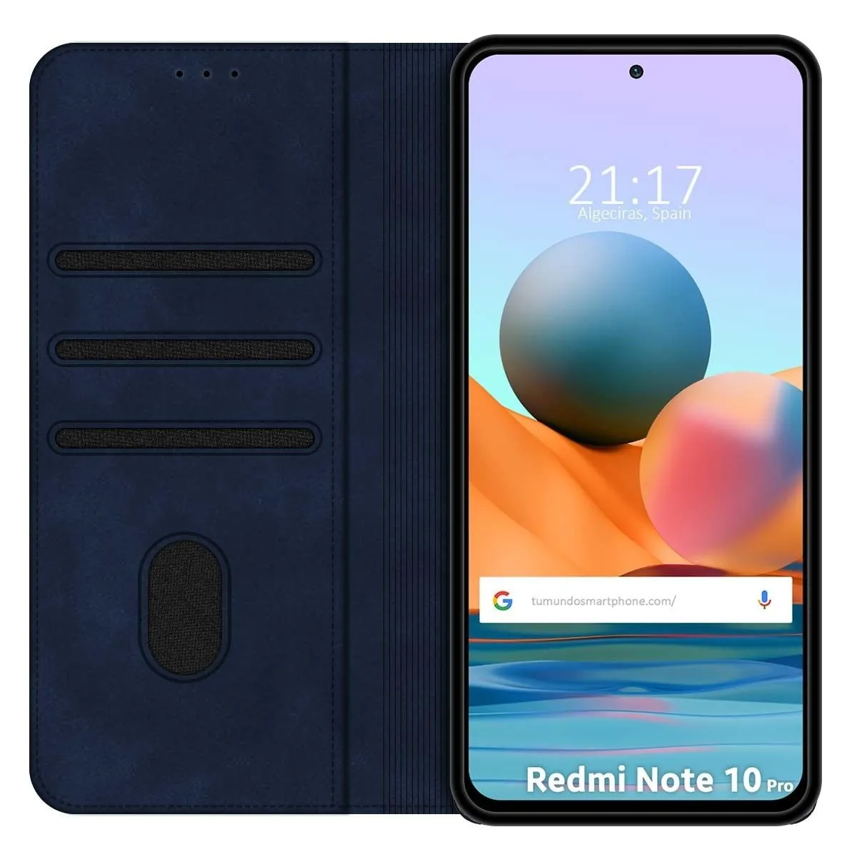 Custodia blu scuro per telefono con slot per carte e uno smartphone con sfondo.