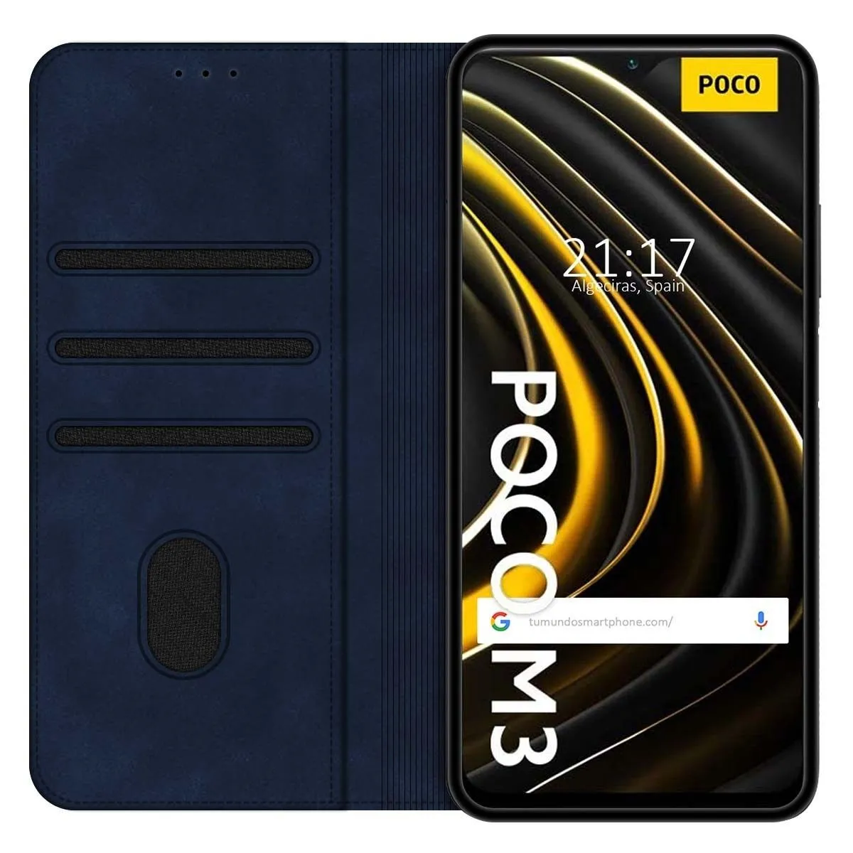 Custodia a libro blu scuro accanto a uno smartphone con logo POCO M3.