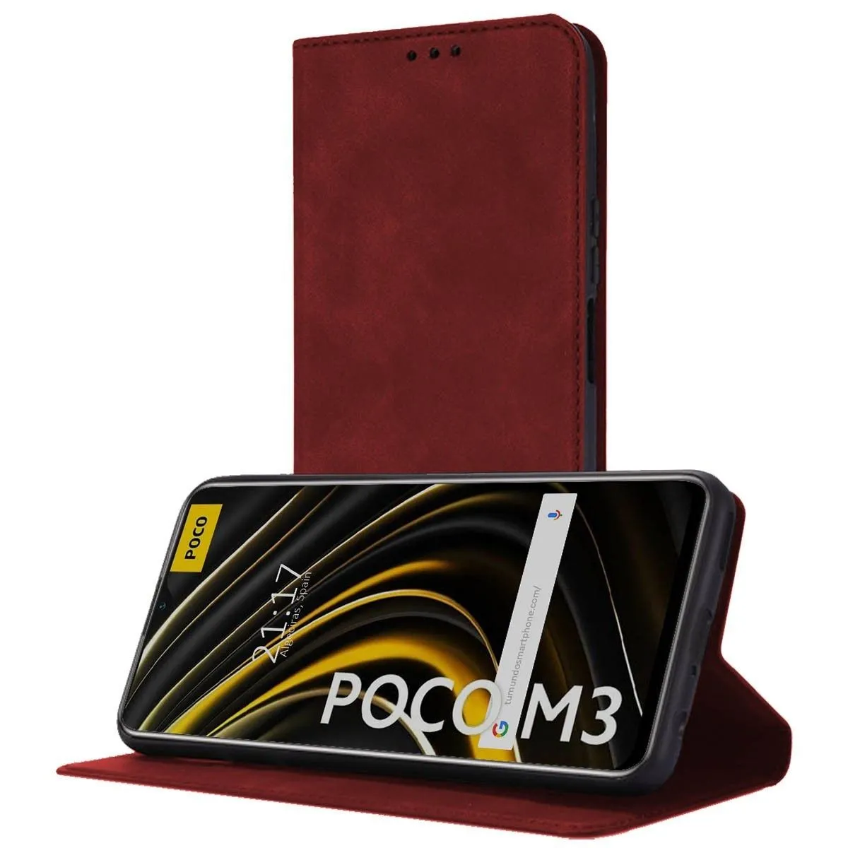 Custodia a libro rossa per smartphone POCO M3, in piedi.