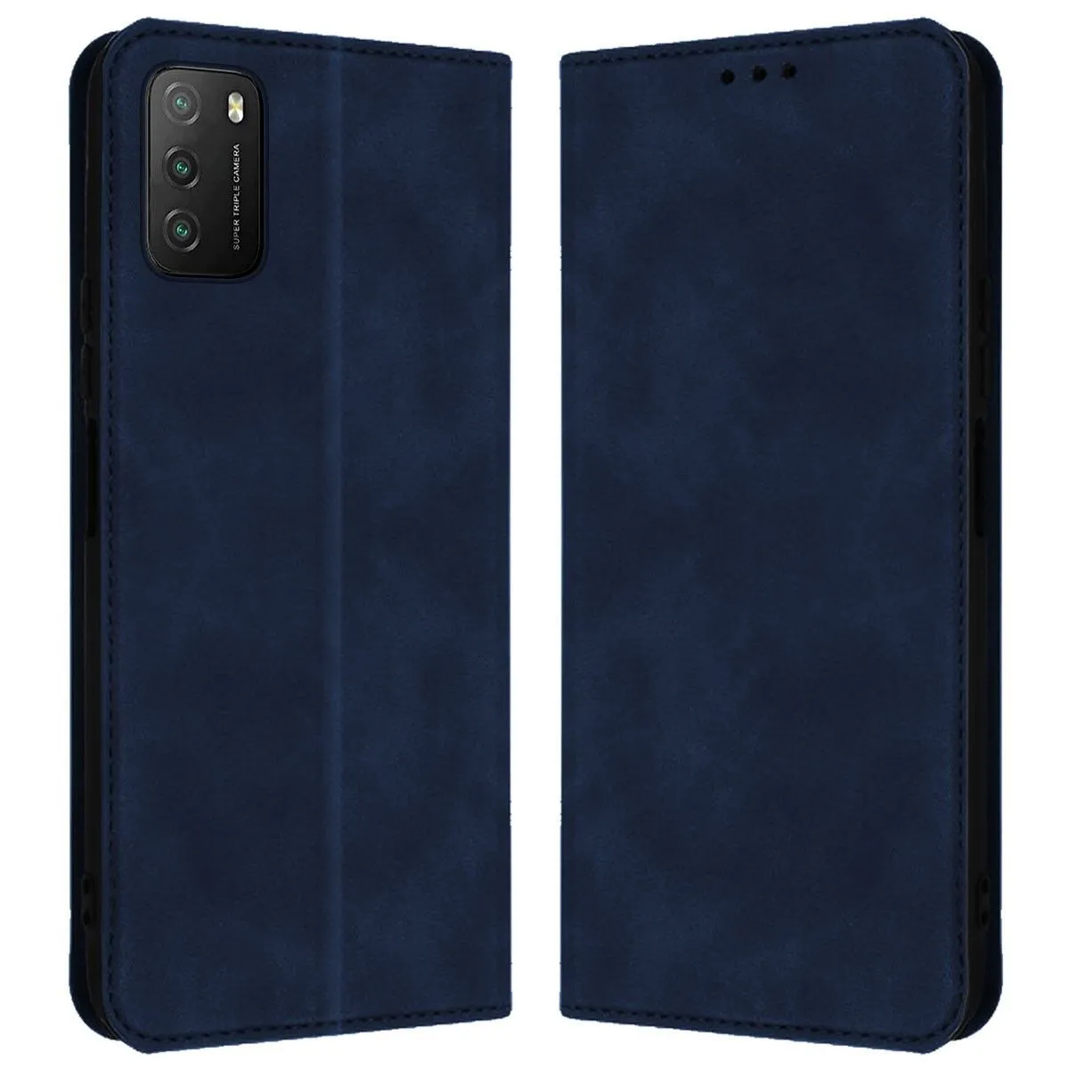 Custodia blu scuro a libro per telefono con tripla fotocamera visibile.