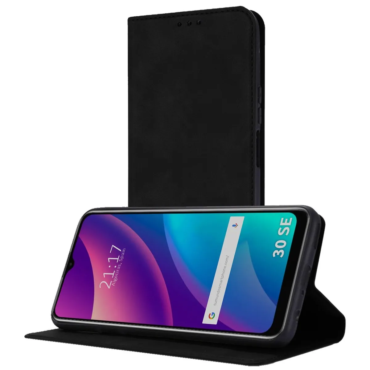 Uno smartphone nero in una custodia aperta con sfondo colorato che mostra l'ora.