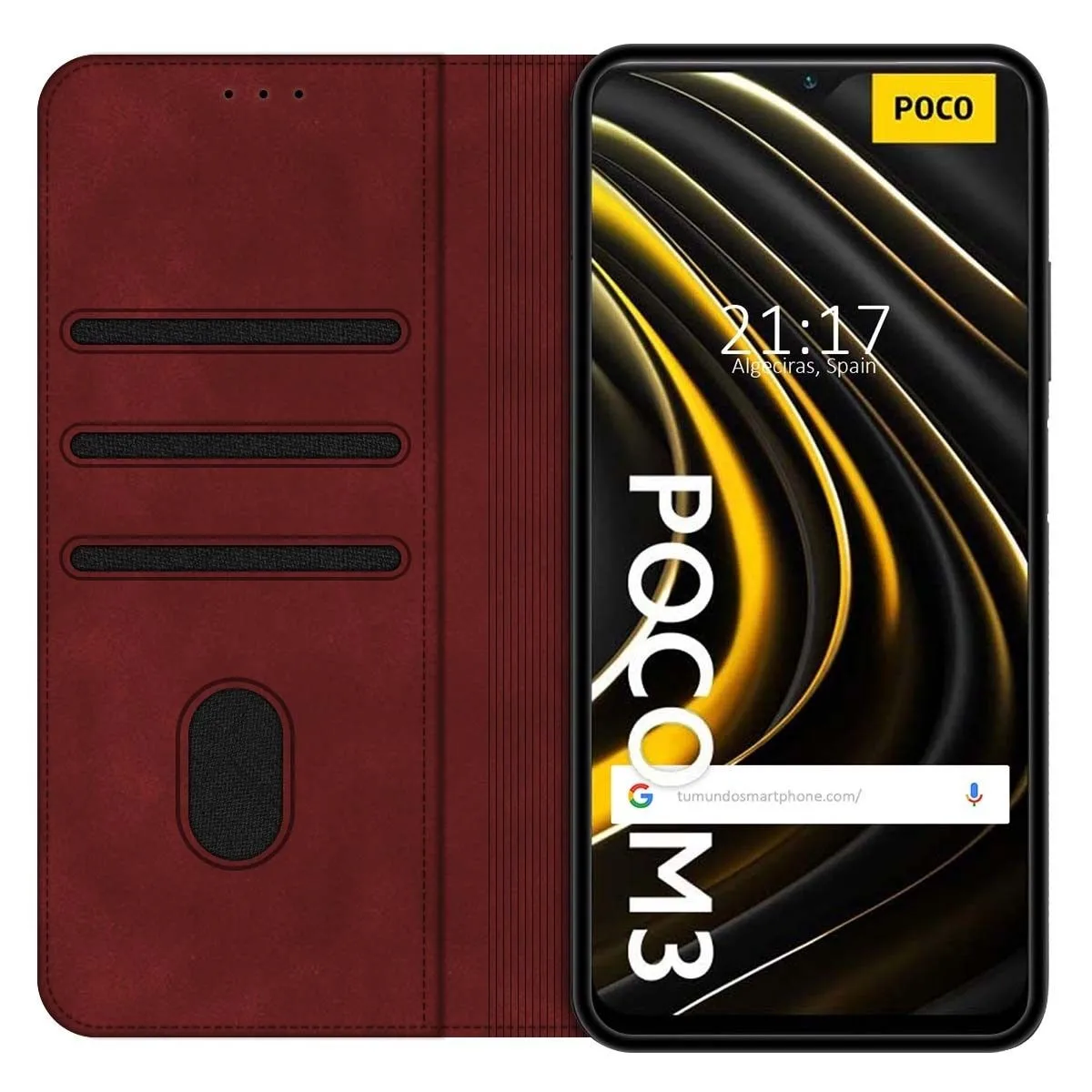 Una custodia per telefono rosso scuro con slot per carte accanto a uno smartphone con sfondo giallo e nero.