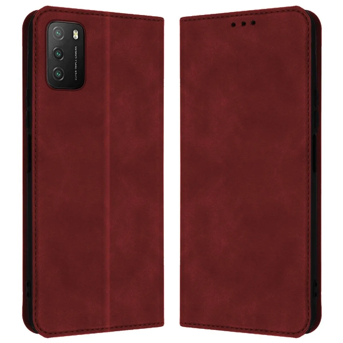 Una custodia per telefono color bordeaux aperta, con modulo fotocamera.