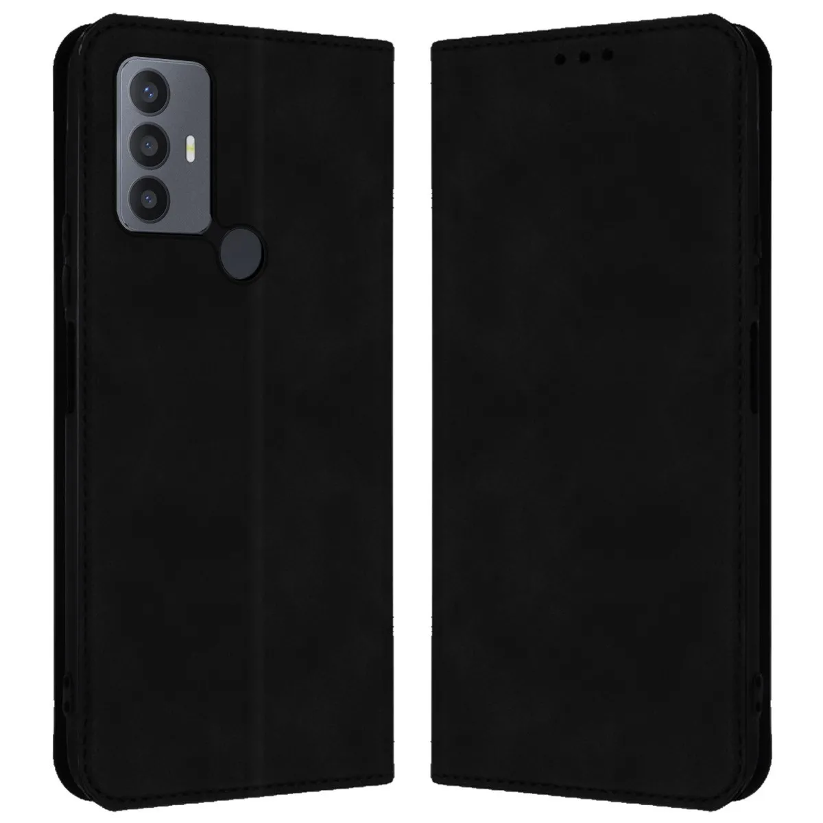 Custodia a libro nera per telefono con tre fotocamere.