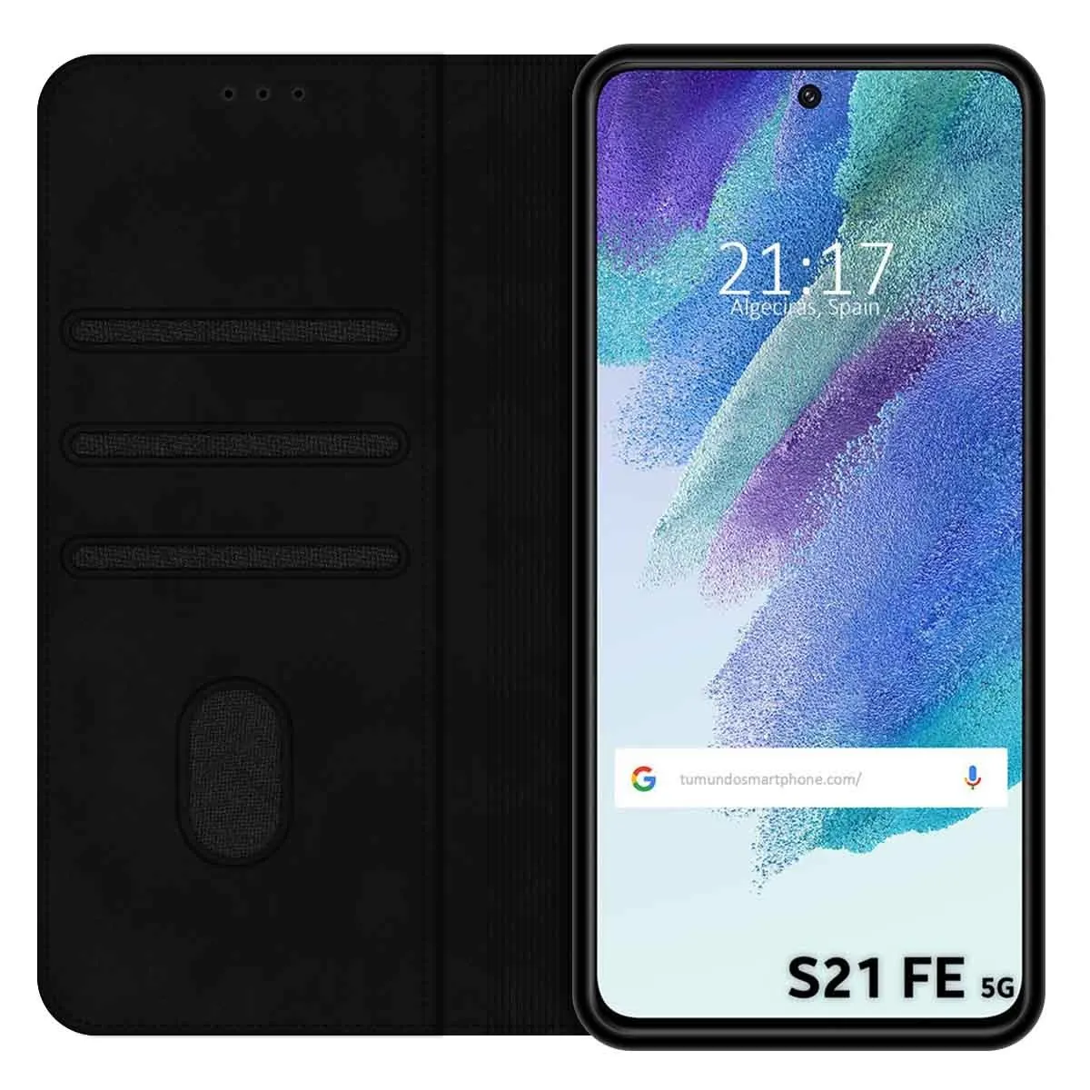 Telefono nero in custodia flip nera. Schermo mostra ora 21:17, luogo e S21 FE 5G.