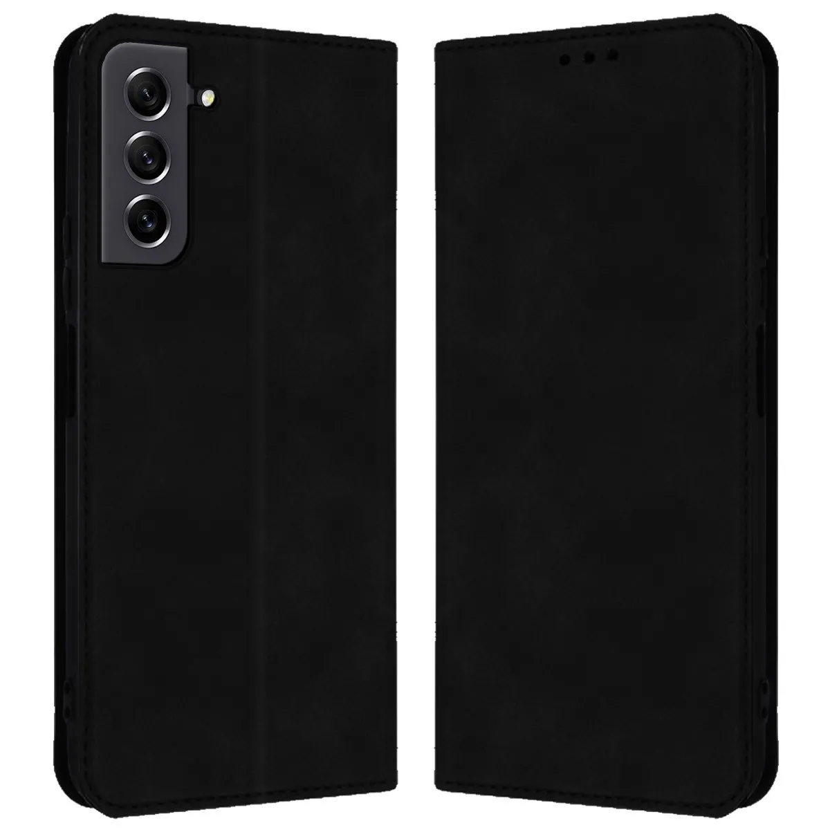 Custodia nera per telefono con apertura tripla fotocamera a sinistra.
