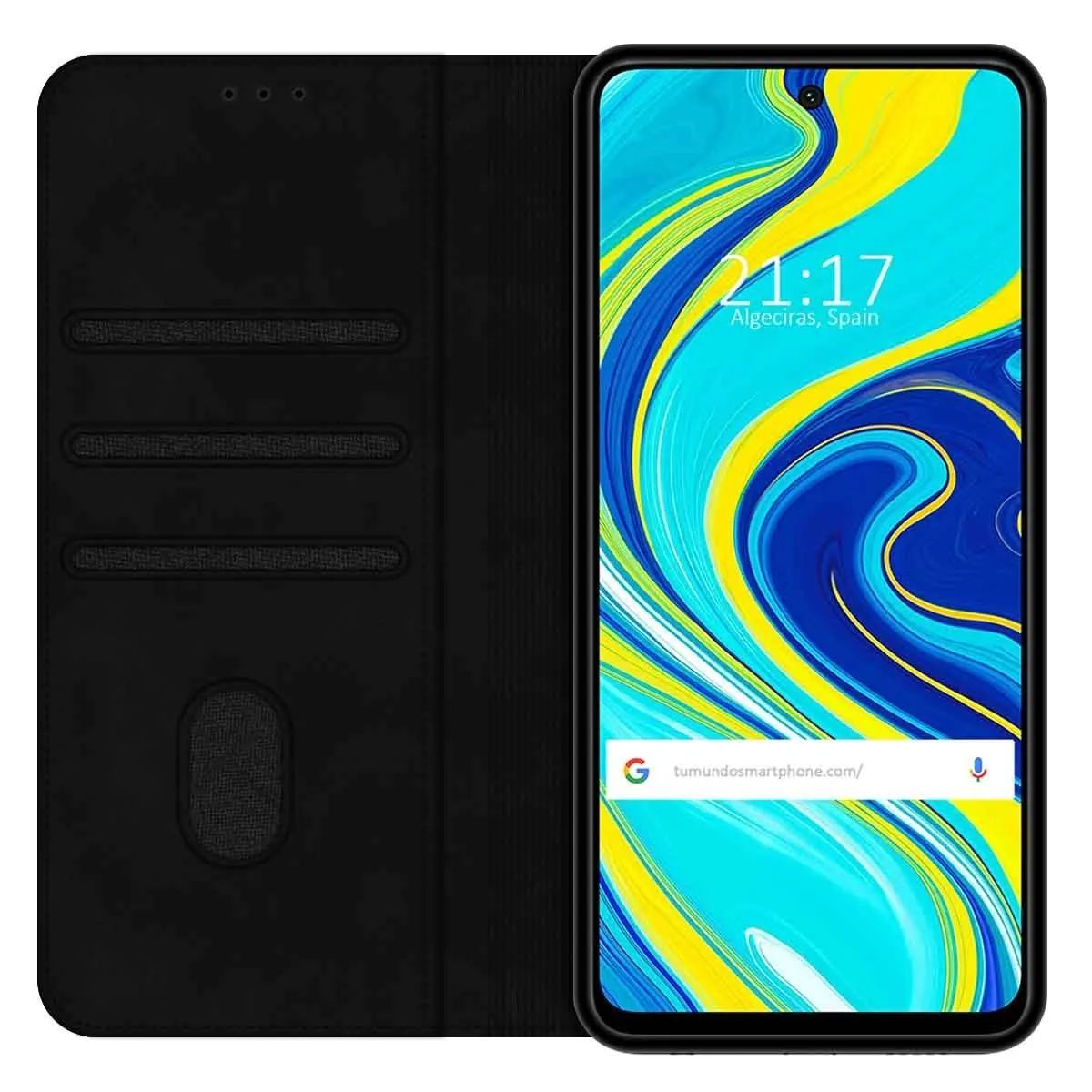 Smartphone nero con cover aperta e sfondo blu/giallo.