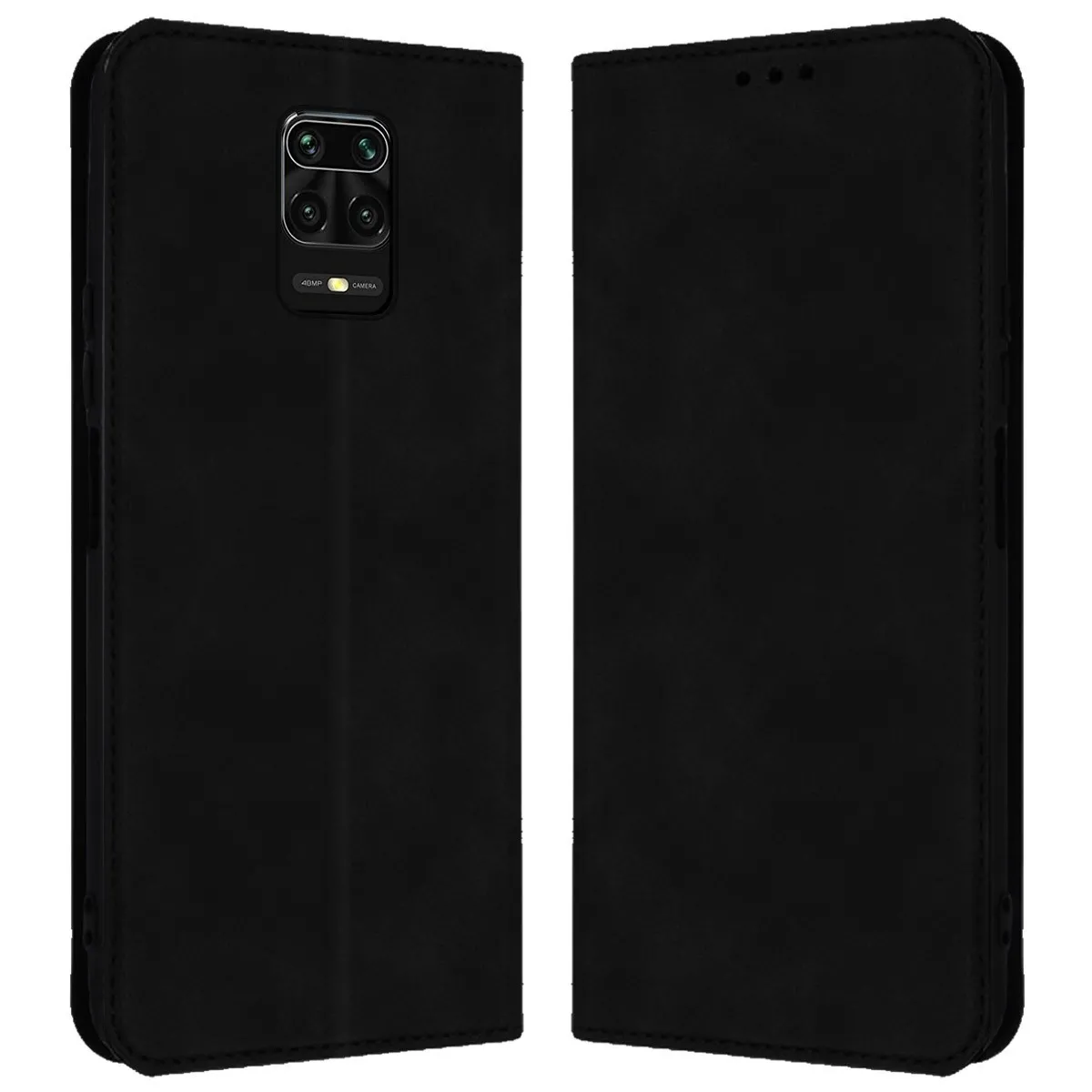 Custodia a libro nera per smartphone, aperta fronte e retro.