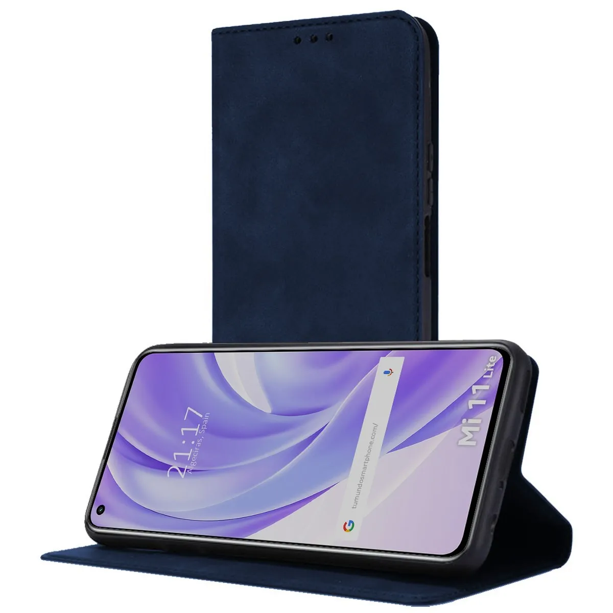 Una custodia blu scuro per telefono usata come supporto, con uno smartphone all'interno.