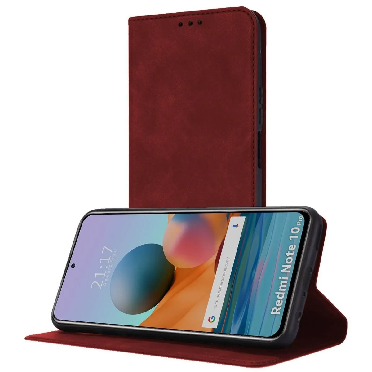 Custodia a libro color bordeaux aperta, mostra lo smartphone con sfondo.