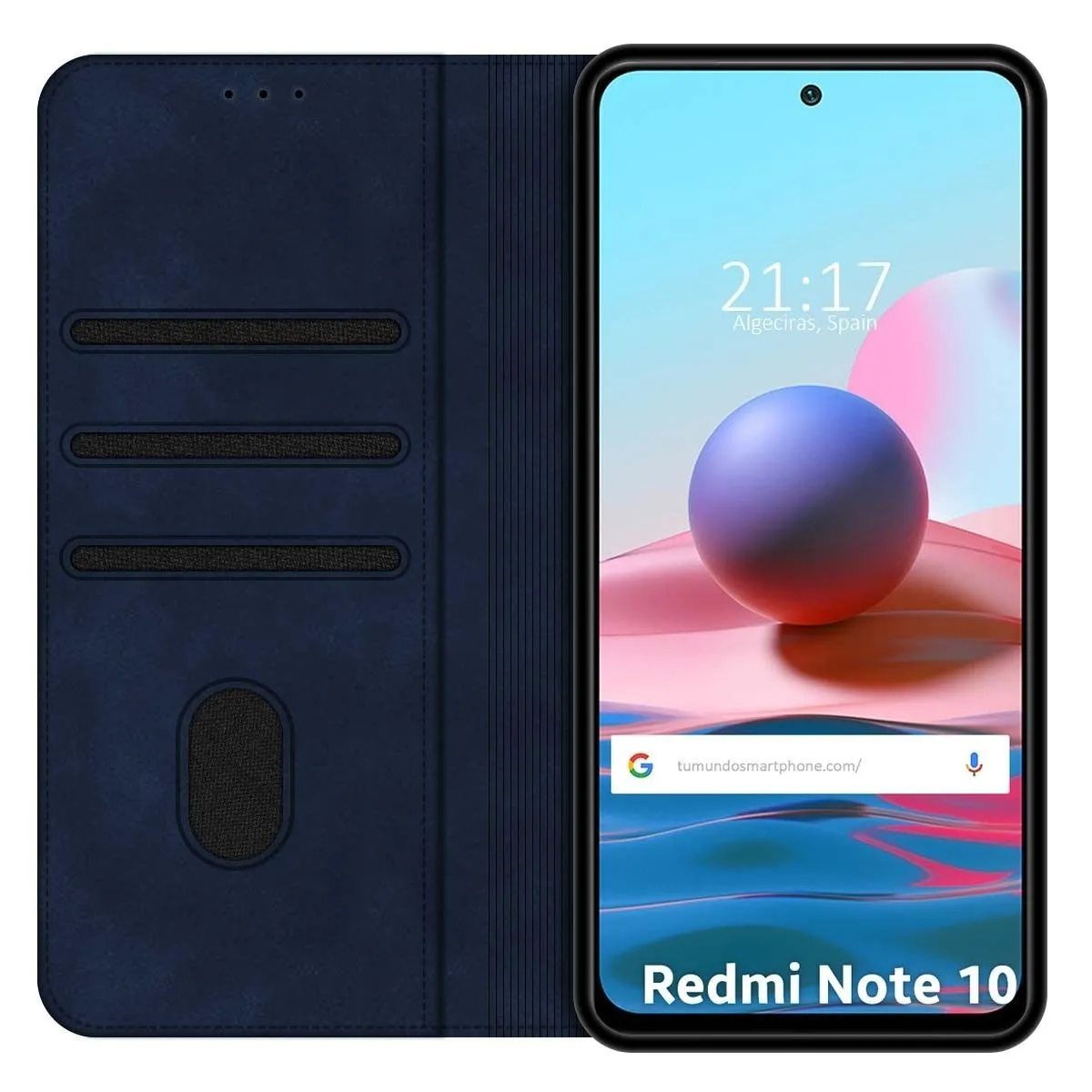 Copertina blu scuro per telefono accanto a smartphone con sfera blu.