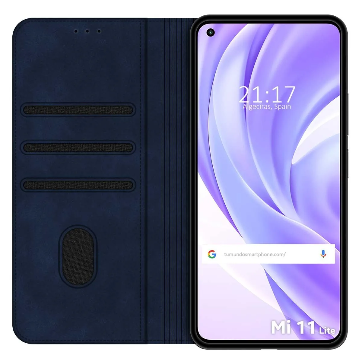 Custodia blu scuro per telefono con slot e uno smartphone con sfondo viola.