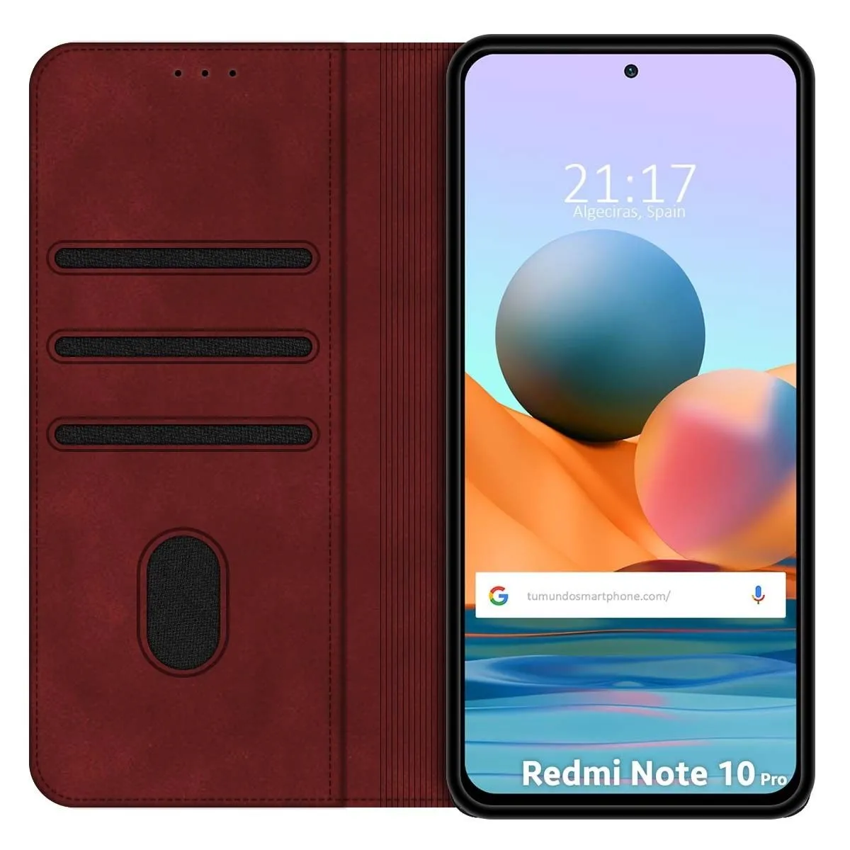 Una custodia per telefono color vinaccia con tre fessure per carte accanto a uno smartphone.