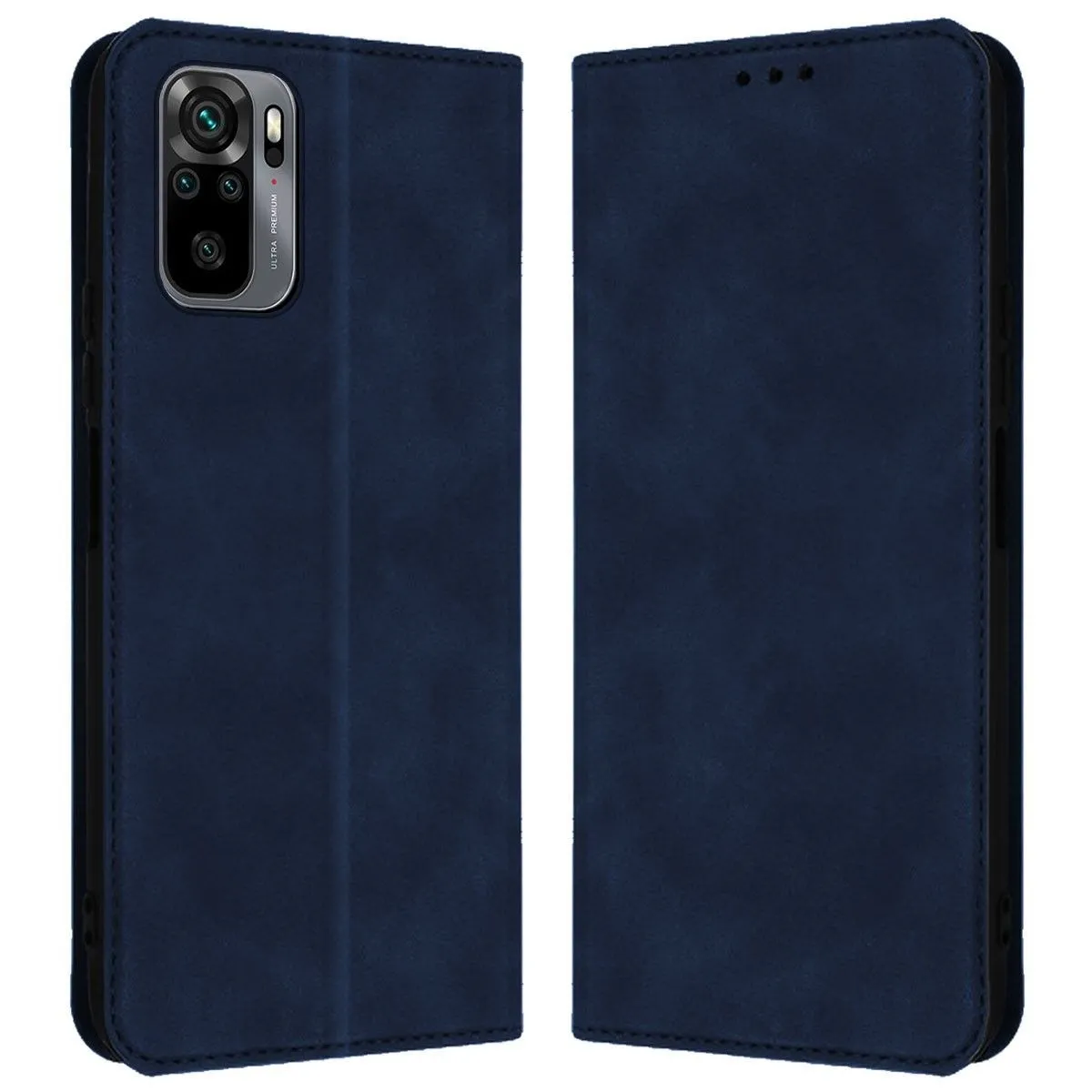 Custodia blu scuro per telefono con modulo fotocamera e indicatori.