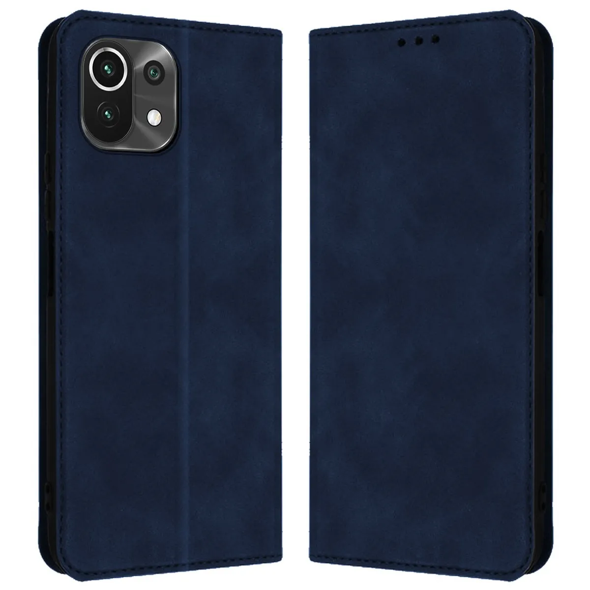 Custodia blu scuro per telefono con copertina apribile, modulo fotocamera visibile.