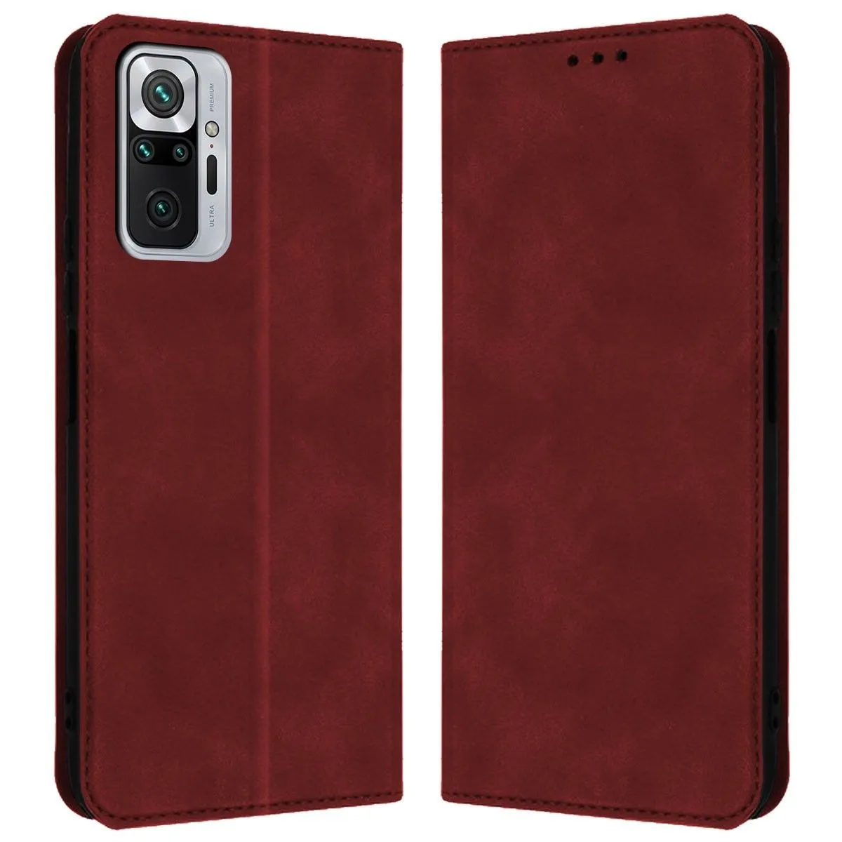 Custodia per telefono rossa a libro con modulo fotocamera a sinistra.
