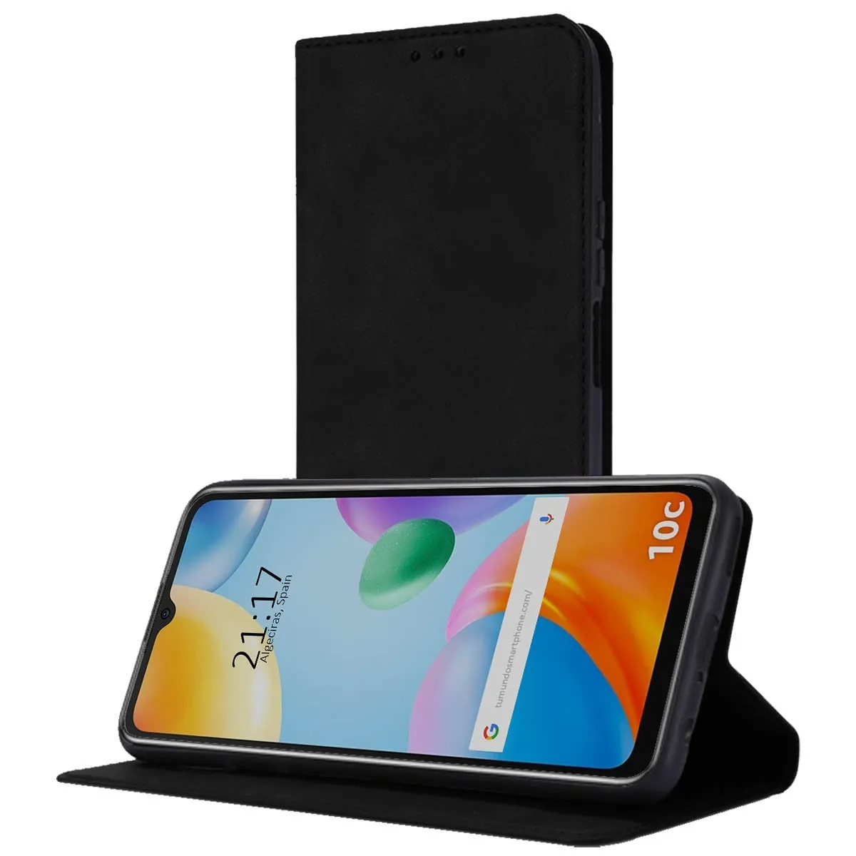Un telefono nero con il suo supporto a flip aperto, che mostra lo schermo.