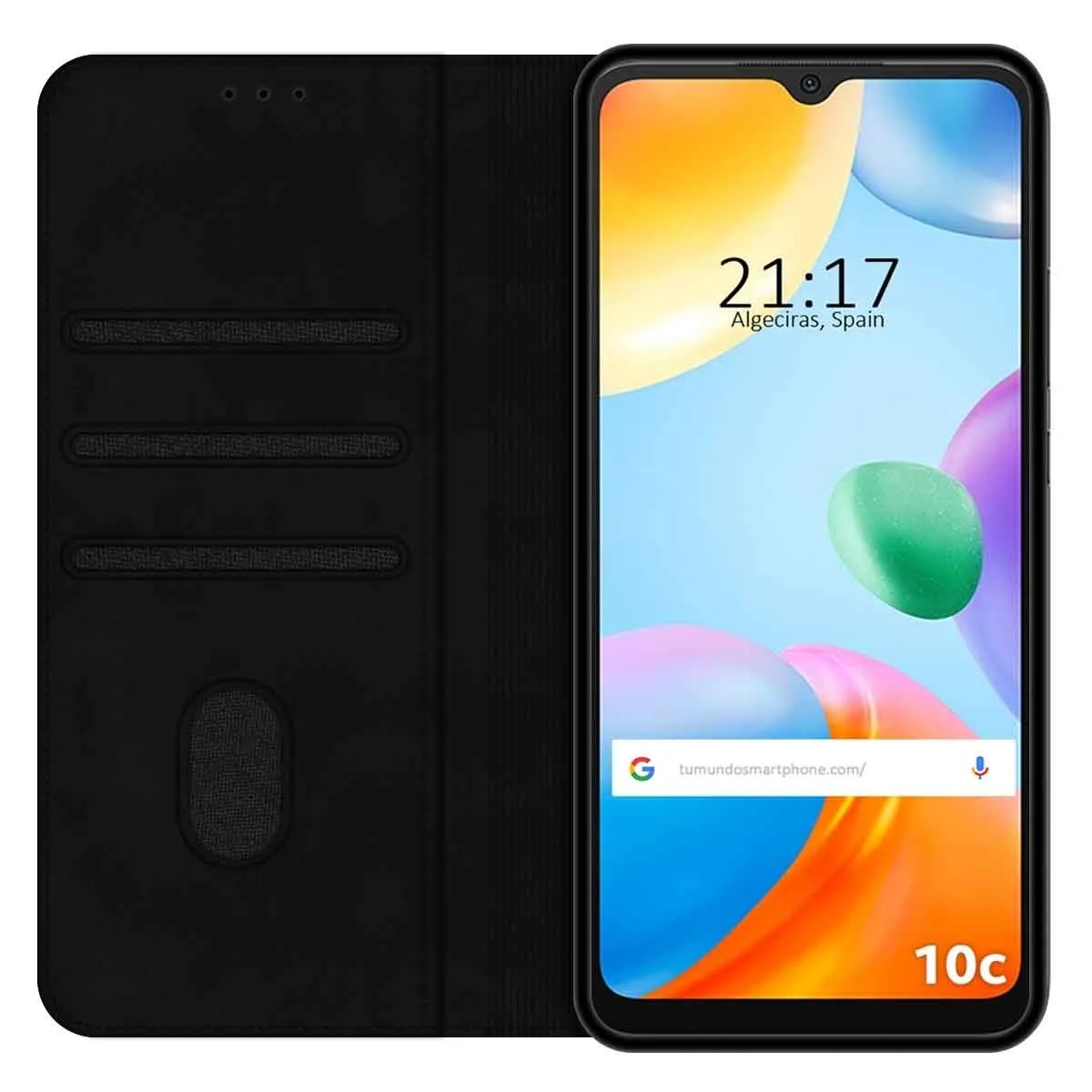 Telefono cellulare nero con cover a libro aperta. Lo schermo mostra l'ora 21:17 e grafiche colorate di sfondo.
