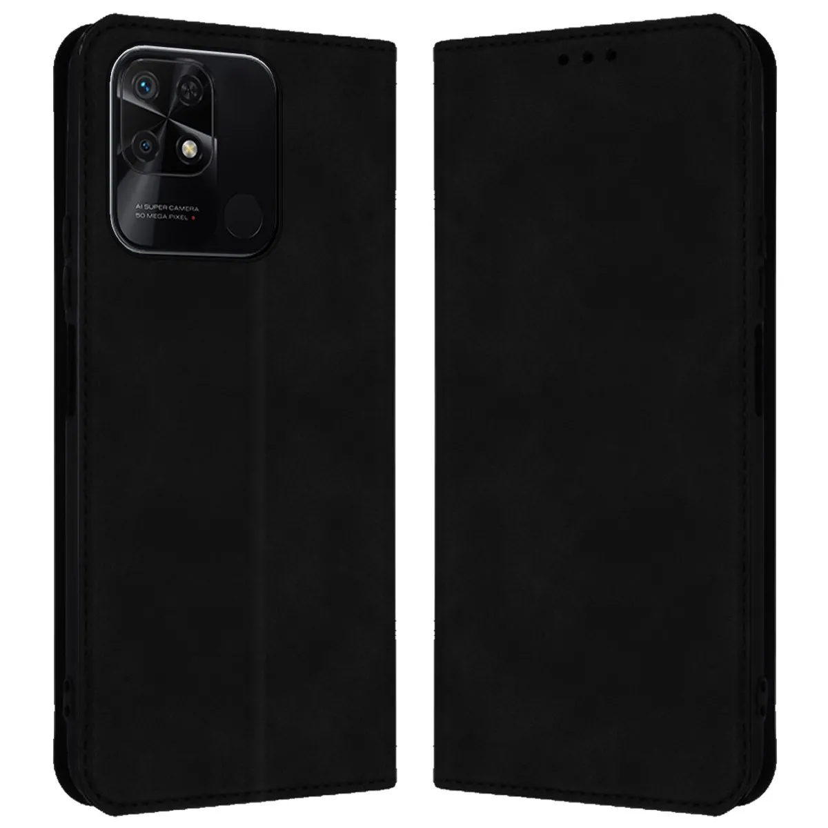 Custodia nera per telefono con ritaglio fotocamera e tre sensori.