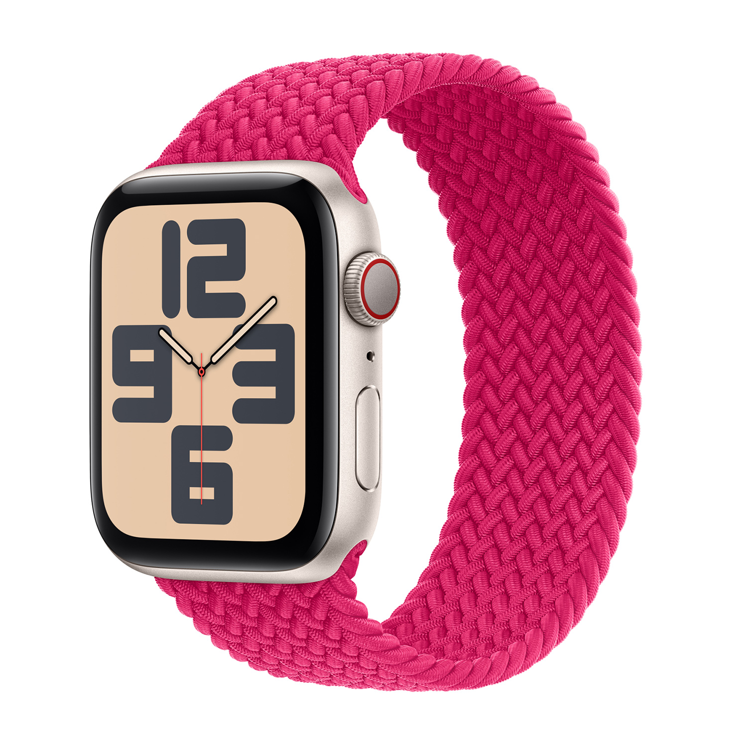 Een zilverkleurig smartwatch met een felroze gevlochten band.