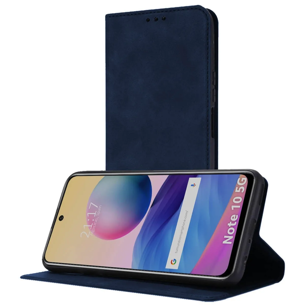 Una custodia a libro blu scuro per smartphone con un telefono sopra.