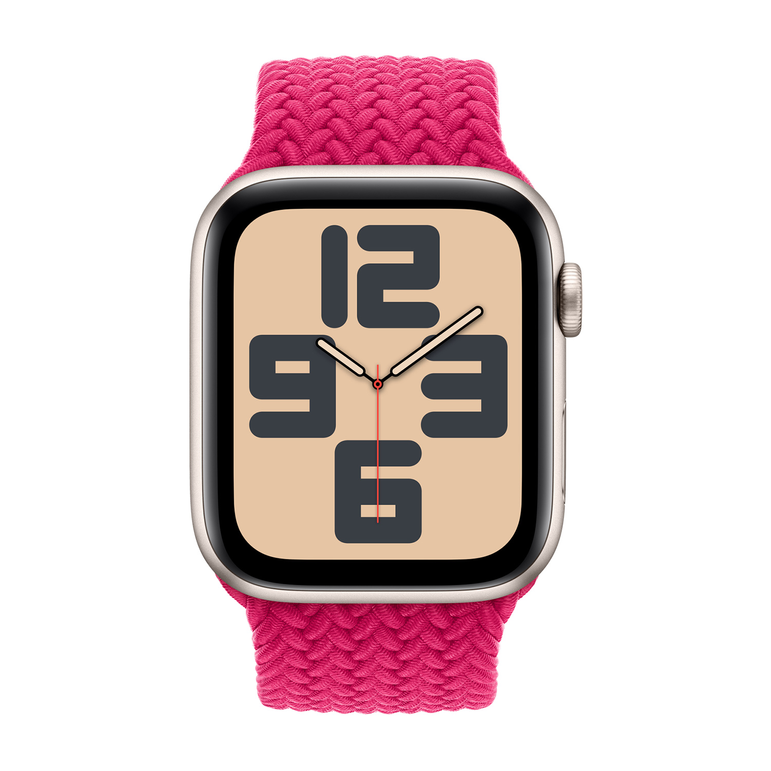 Een smartwatch met een felroze gevlochten band en een crèmekleurige wijzerplaat met grote donkere cijfers.