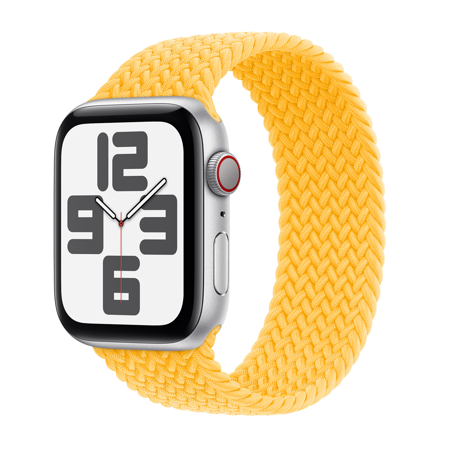 Zilverkleurig smartwatch met geel gevlochten band op witte achtergrond.