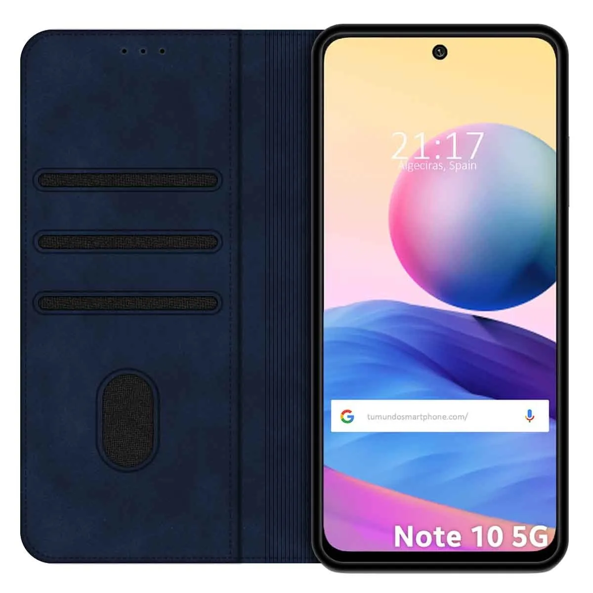 Uno smartphone blu in una custodia con tre slot per carte.
