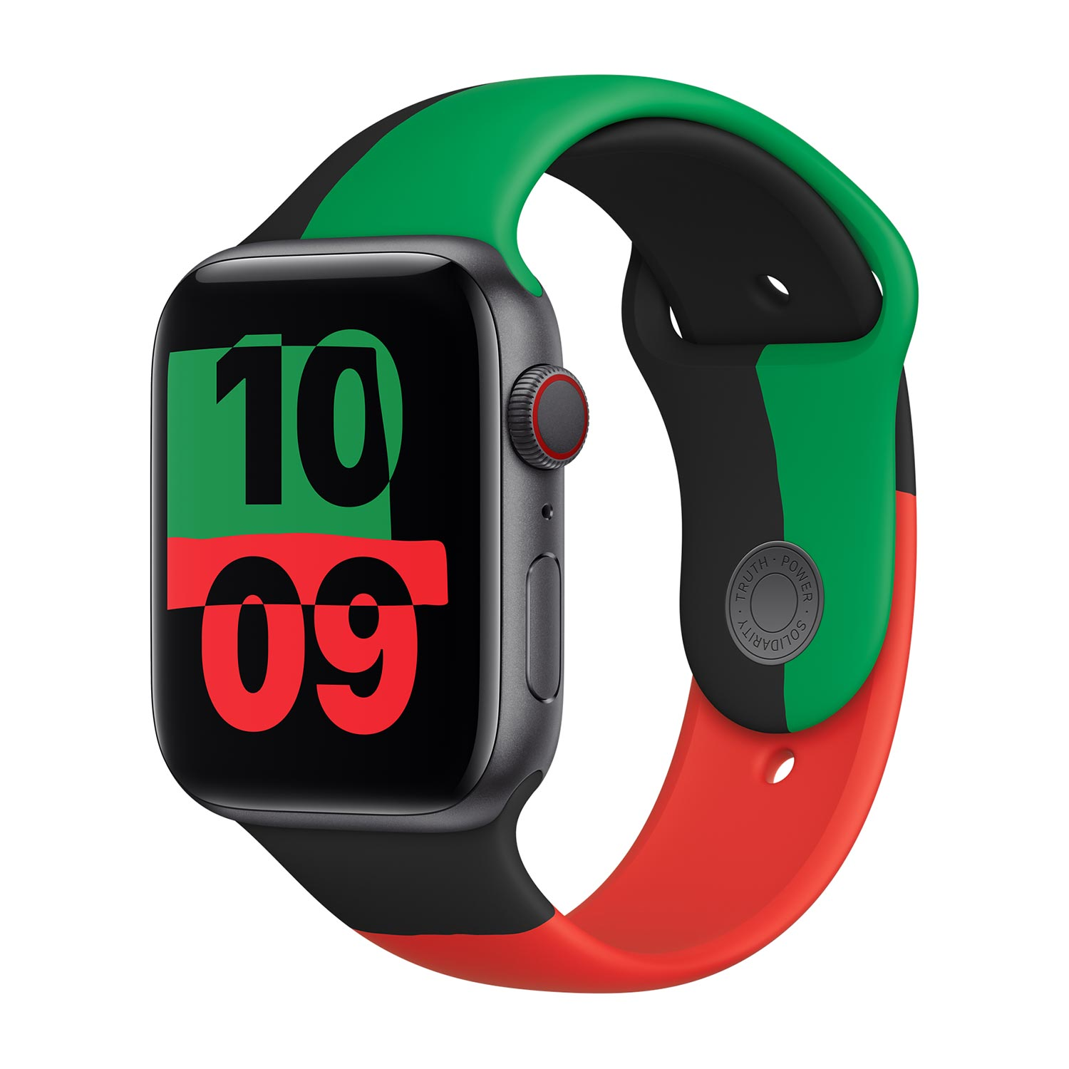 Uno smartwatch con cinturino nero, verde e rosso. Viene visualizzato l'orario 10:09.