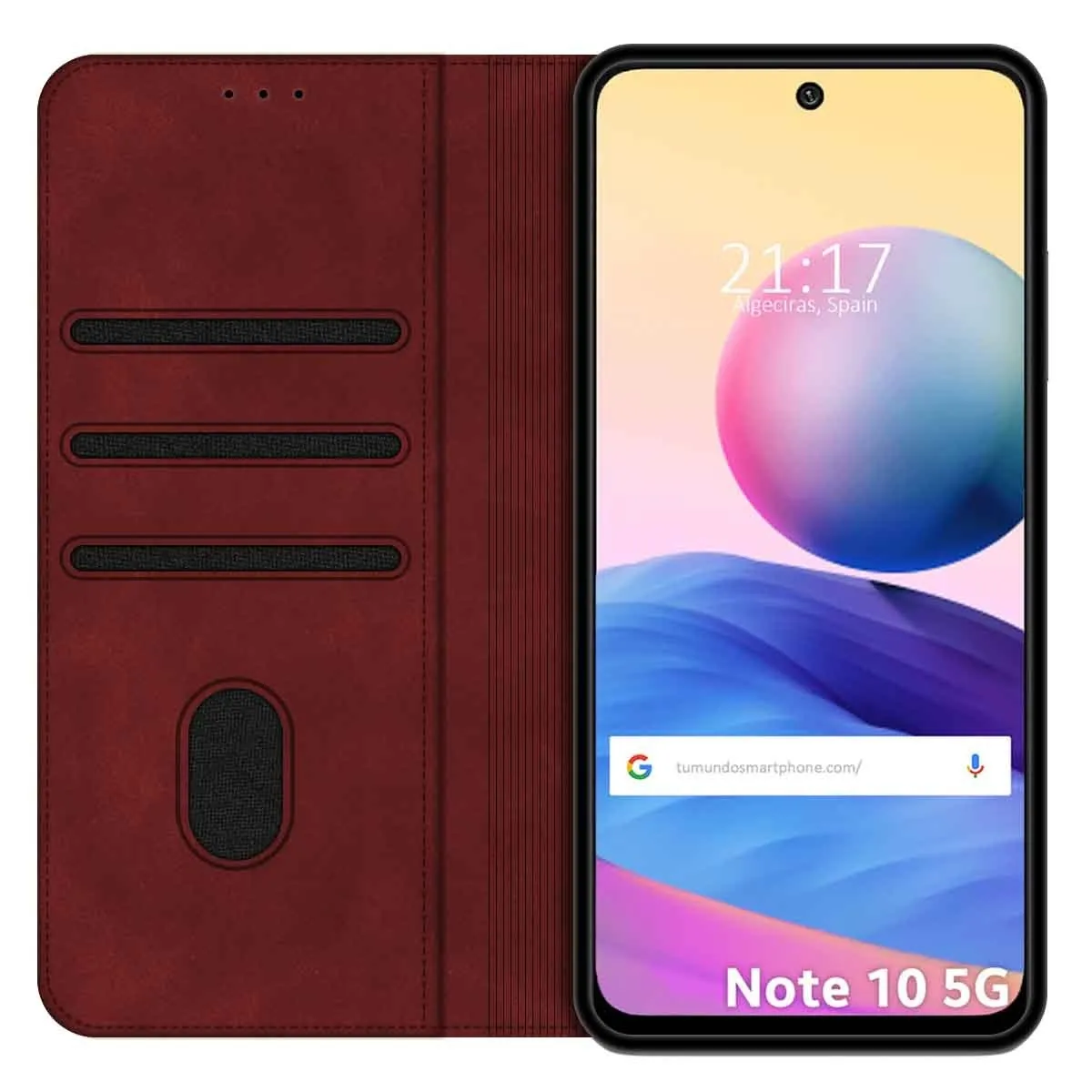 Una custodia rossa per telefono accanto a uno smartphone che mostra l'ora e una barra di ricerca.