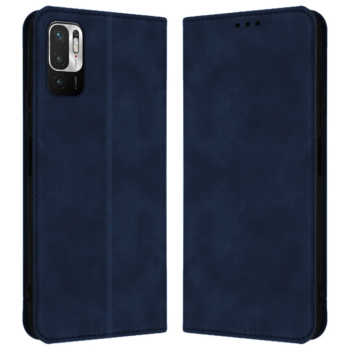 Custodia blu scuro aperta, mostra il modulo fotocamera.