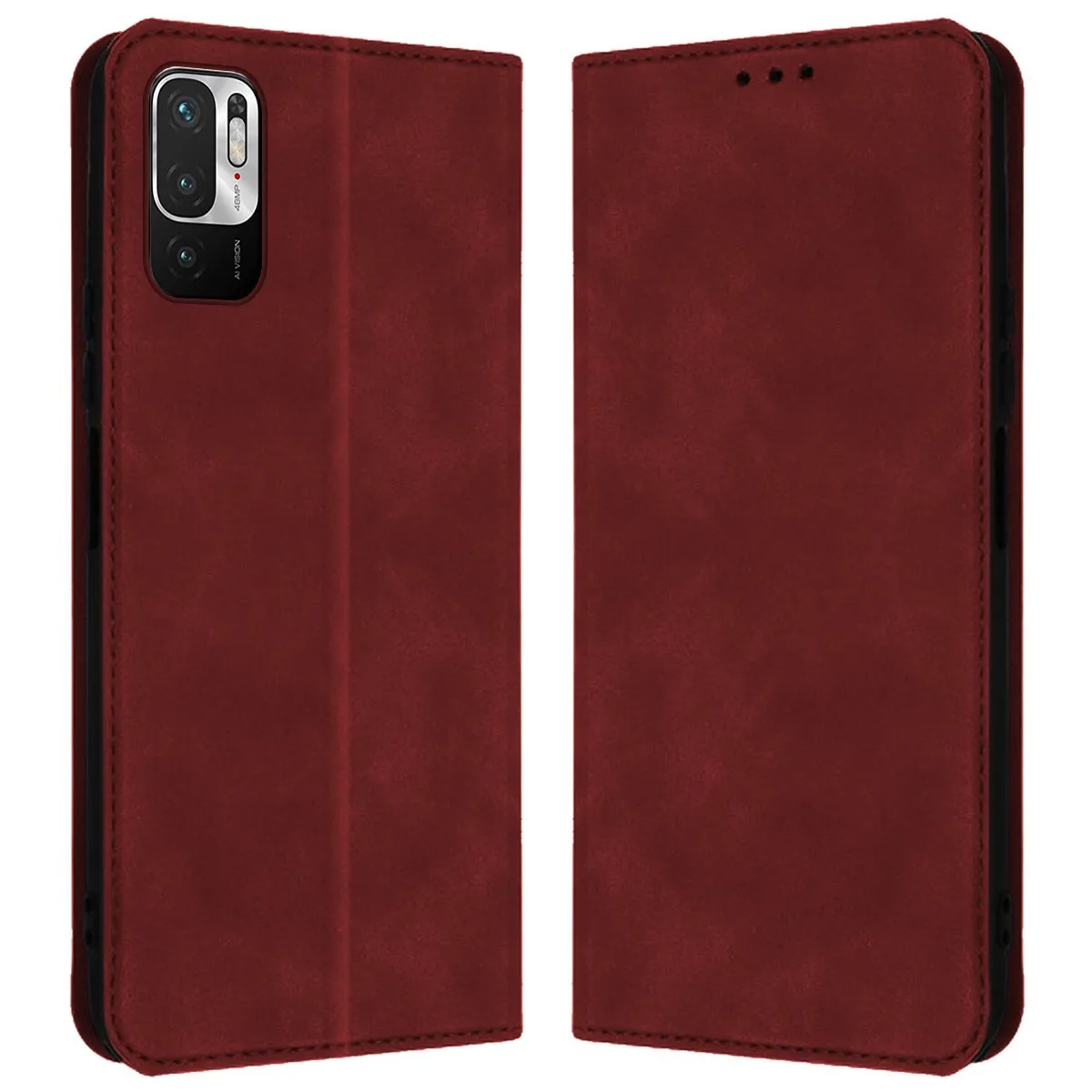 Una custodia per telefono aperta in pelle rosso scuro con modulo fotocamera.