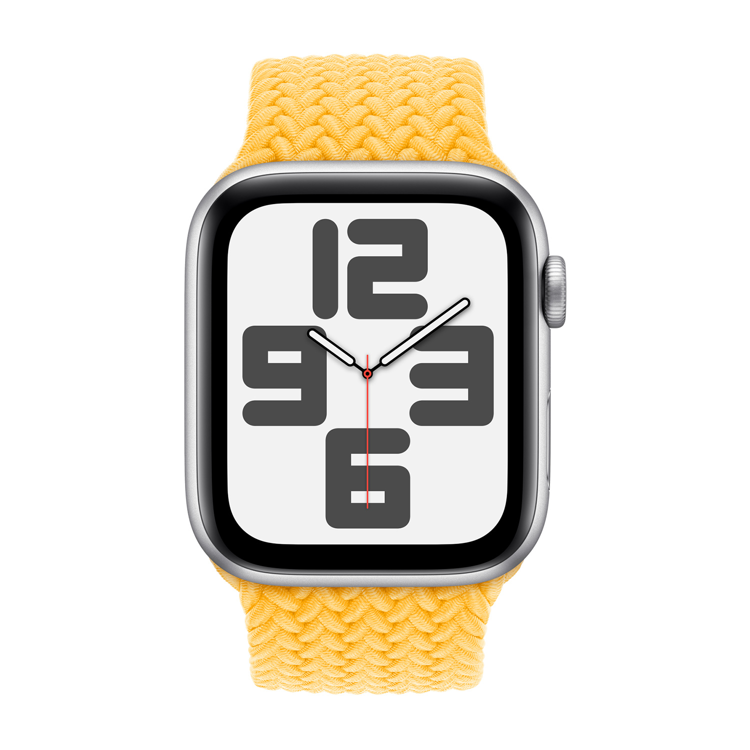 Een zilverkleurig smartwatch met een gele gevlochten band. Het display toont grote cijfers.