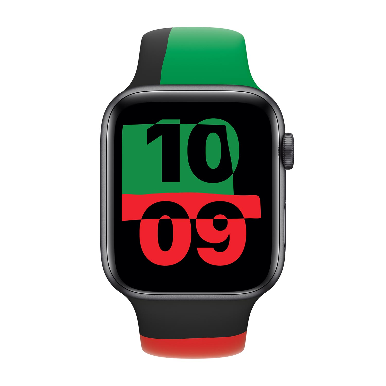 Uno smartwatch con design a bandiera panafricana che mostra le 10:09.