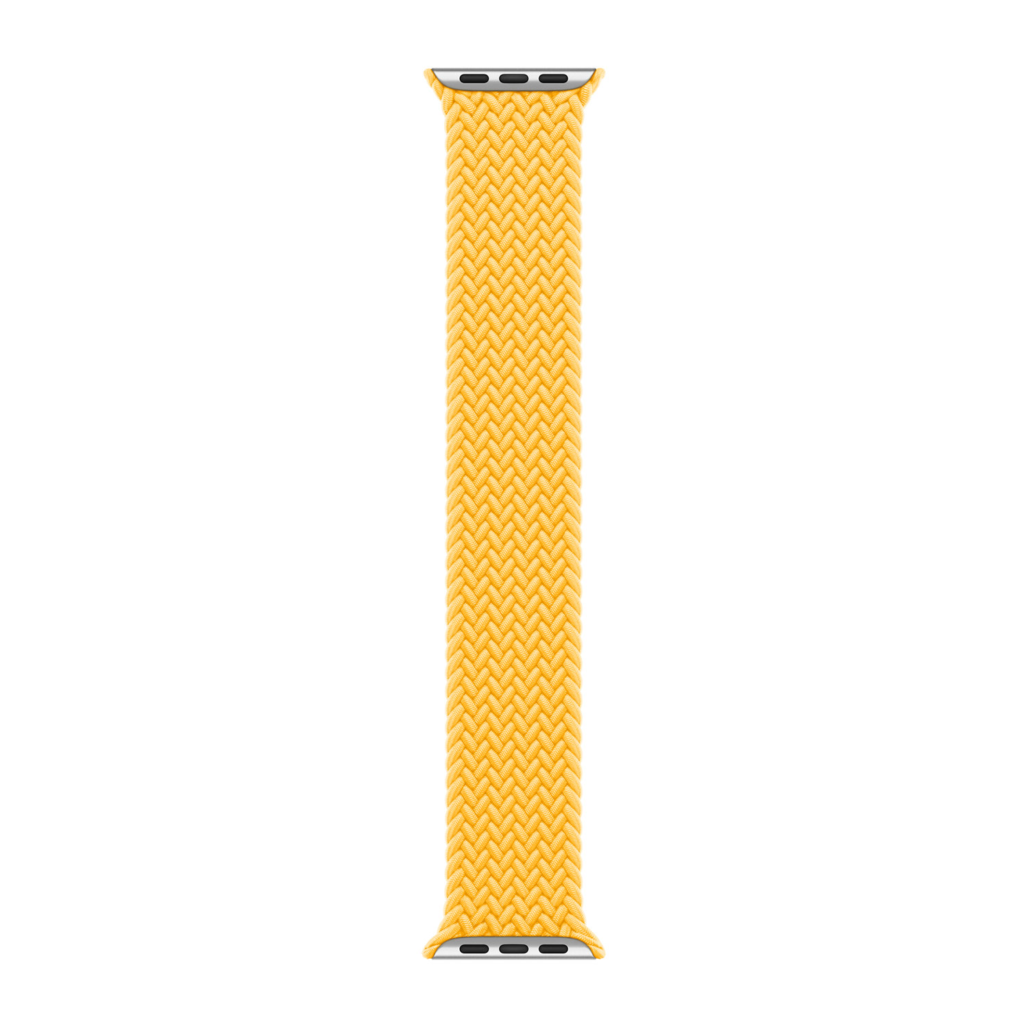 Een geel gevlochten Apple Watch bandje met zilveren connectoren.