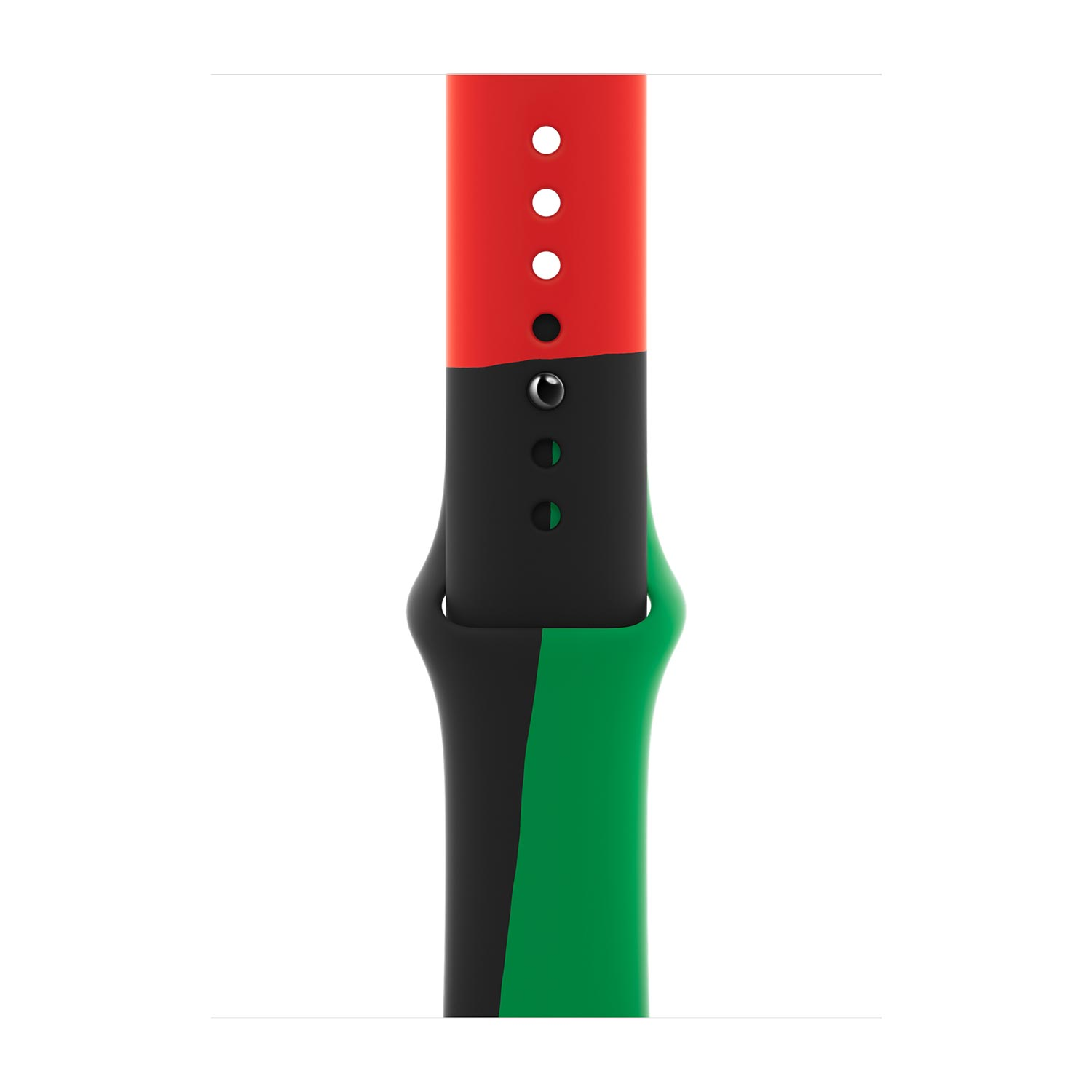 Un cinturino per orologio rosso, nero e verde con
bottoni bianchi e verdi.