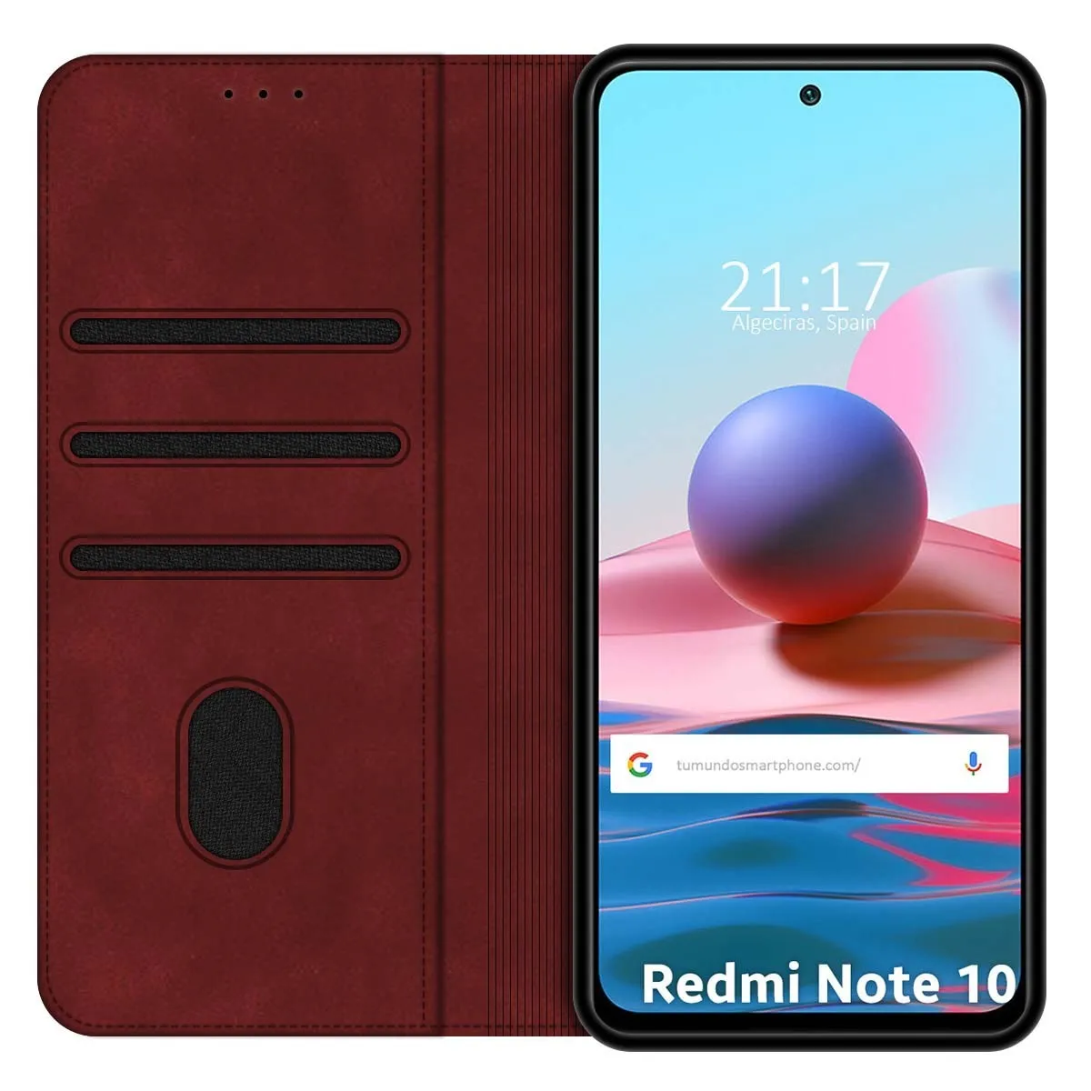 Custodia rossa aperta accanto a uno smartphone che mostra la schermata di blocco.