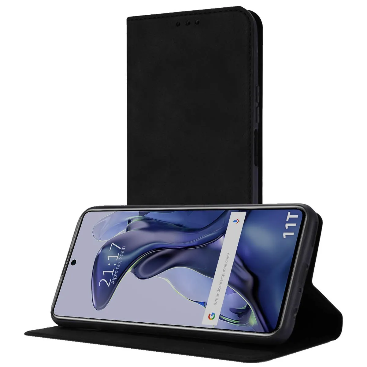 Custodia a libro nera aperta, mostra uno smartphone con schermata di blocco e barra di ricerca.