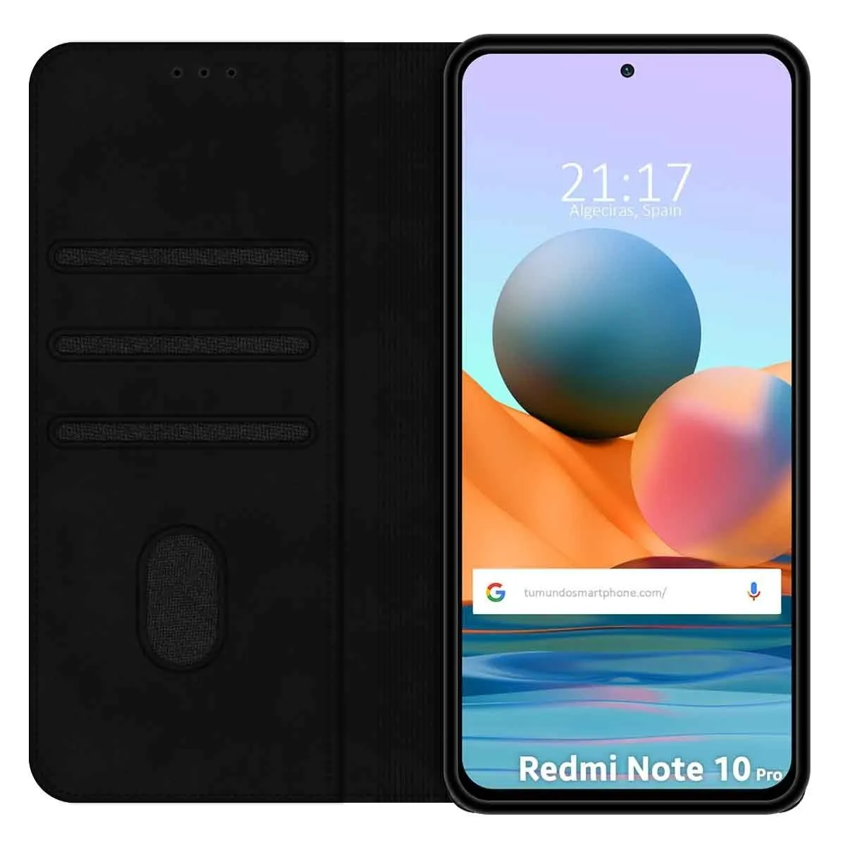 Custodia nera per telefono con smartphone aperto che mostra la schermata home.